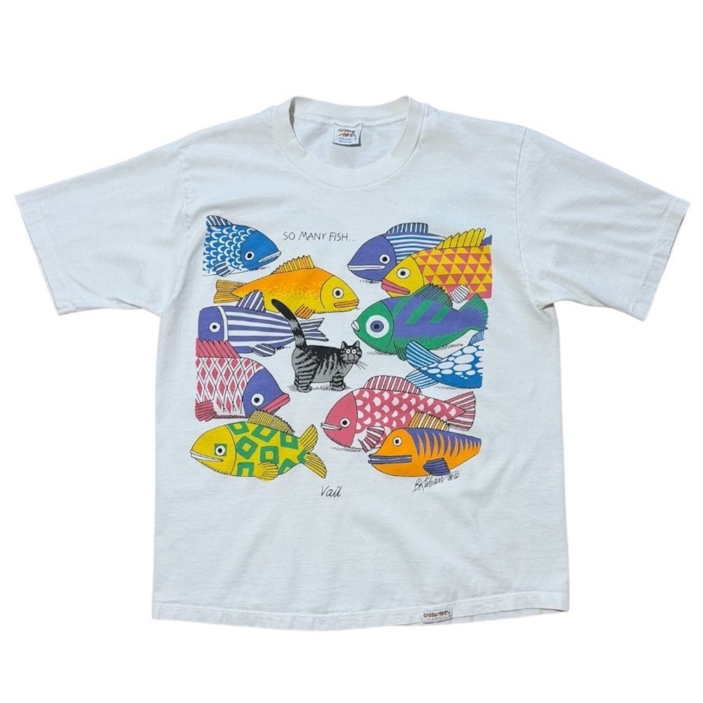 Vintage 90s Crazy Shirts B. Kliban Cat So Many Fish Nature Art Graphic T-shirt